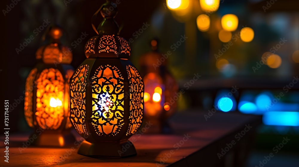 Traditional Arabic lantern lit up for celebrating holy month of Ramadan. Bokeh lights surrounding Ramadan concept Traditional Arabic lantern lit up for celebrating holy month of Ramadan. Bokeh lights surrounding Ramadan concept