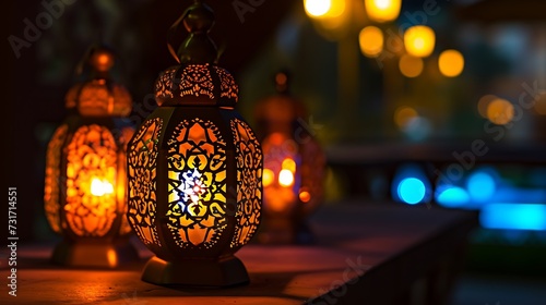 Traditional Arabic lantern lit up for celebrating holy month of Ramadan. Bokeh lights surrounding Ramadan concept