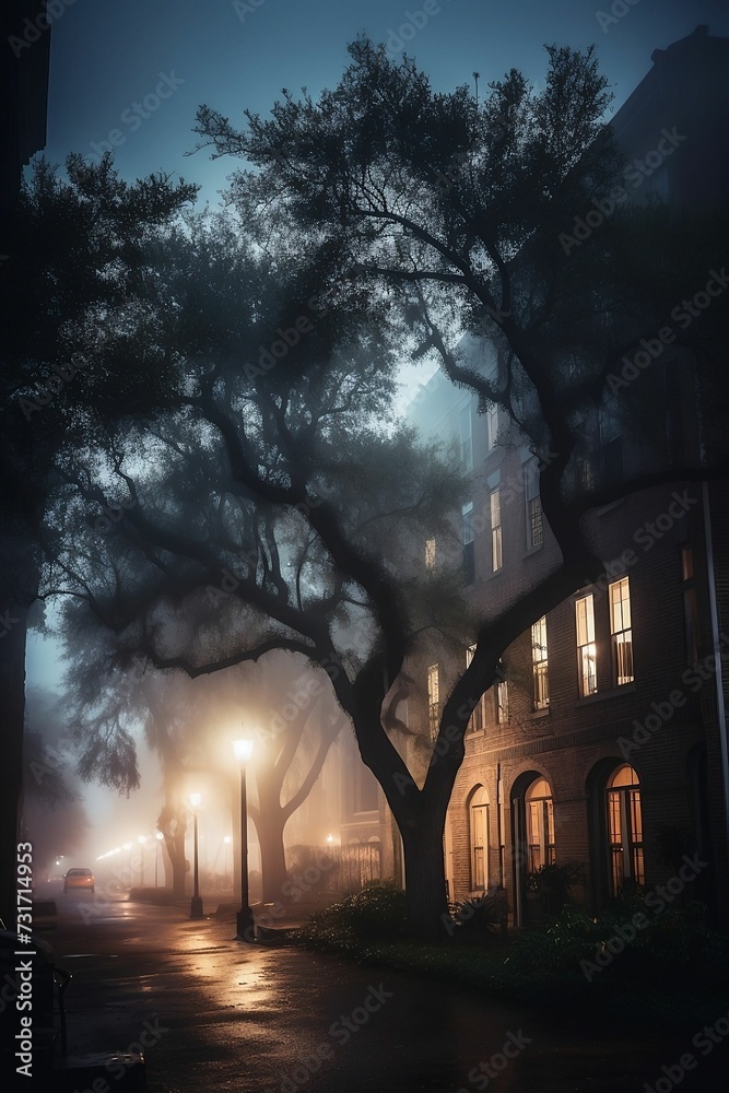 AI generated illustration of A tranquil, foggy street adorned with trees in the foreground