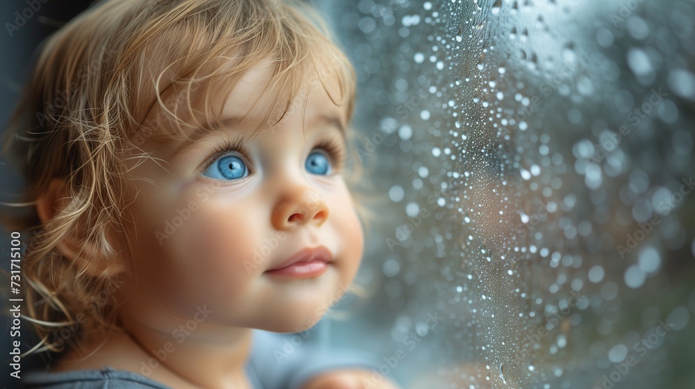AI generated illustration of a girl with blue eyes gazes out of a window in the rain