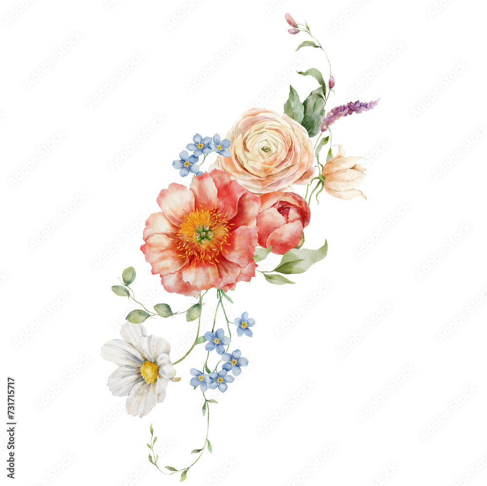 Watercolor bouquet of peony, ranunculus, chamomile and leaves. Hand painted card of floral elements isolated on white background. Holiday flowers Illustration for design, print, fabric, background.
