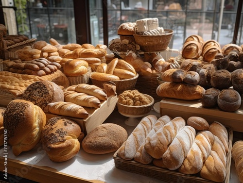 AI generated illustration of freshly-baked bread, rolls and other baked goods in a bakery