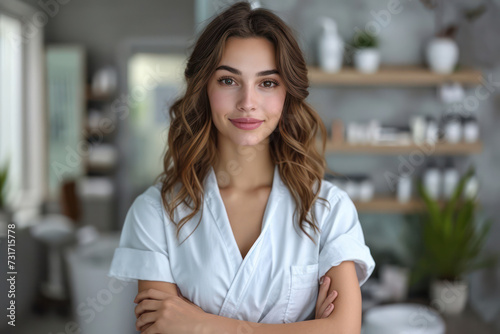 Confident young female doctor sitting in a modern office, holding a stethoscope with crossed arms, conveying a positive and friendly demeanor on a white background.