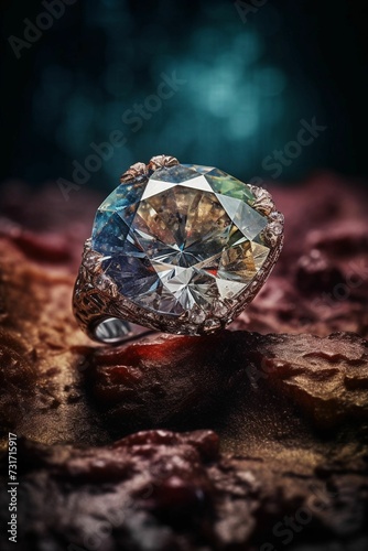 AI generated illustration of a diamond gemstone piece sitting atop a rugged rock structure