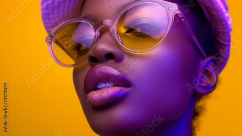 AI generated illustration of a fashionable woman in sunglasses and a hat on a yellow background