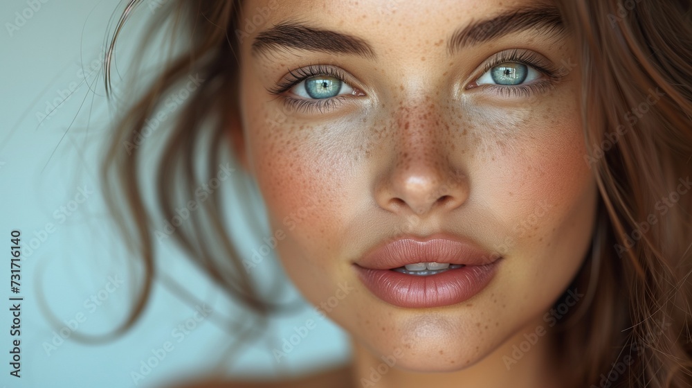 a close up view of a woman with freckles on her face