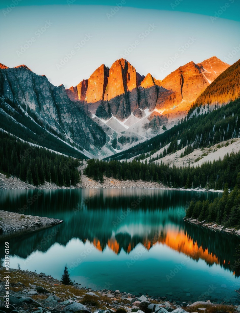 AI generated illustration of a stunning sunset engulfs a mountain lake