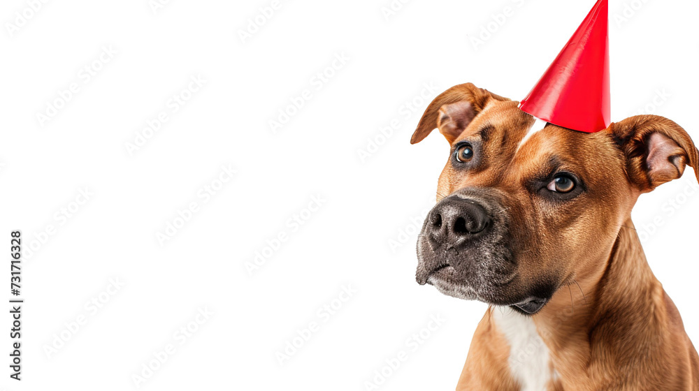 Dog wearing party hat. Young dog birthday concept with copy space isolated on white background.