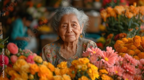 an older woman holding flowers and looking at the camera smiling © Wirestock