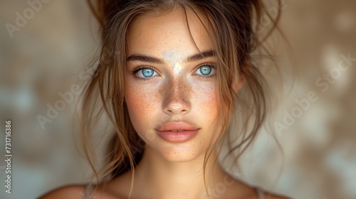 a girl with freckles on her shoulders and a large blue eye photo