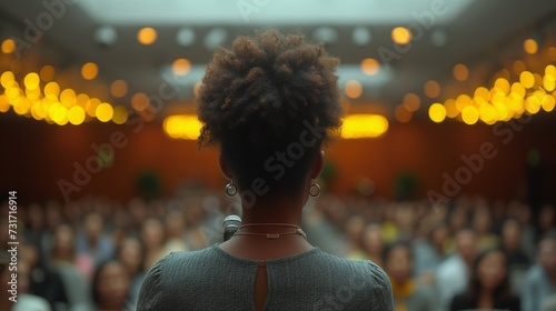 AI generated illustration of African- American woman speaking at a business conference meeting