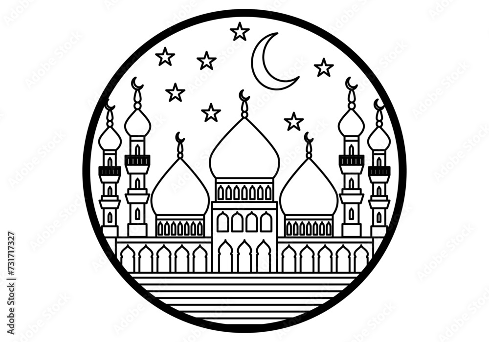 Icono negro de mezquita en la noche en un círculo.