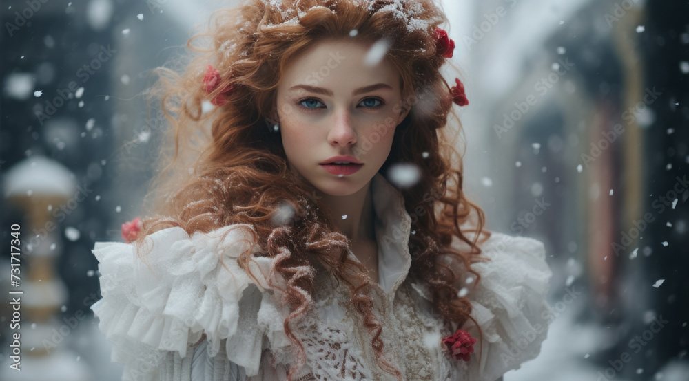 A beautiful girl in a fluffy white dress, red flowers woven into her wavy red hair, against a blurred winter background. Winter costume procession