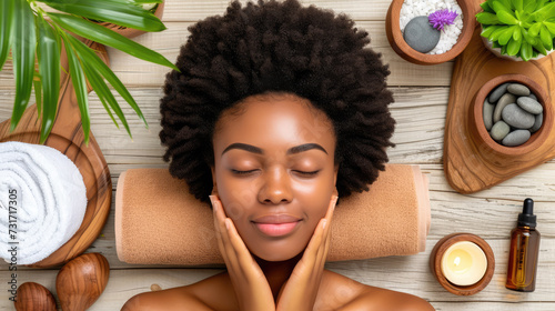  A contented woman with a natural afro hairstyle relaxes during a spa treatment with an arrangement of wellness products.