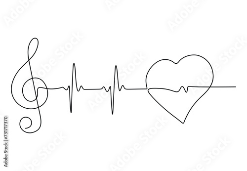 Music heartbeat continuous one line drawing with note. Isolated on white background vector illustration. Pro vector 