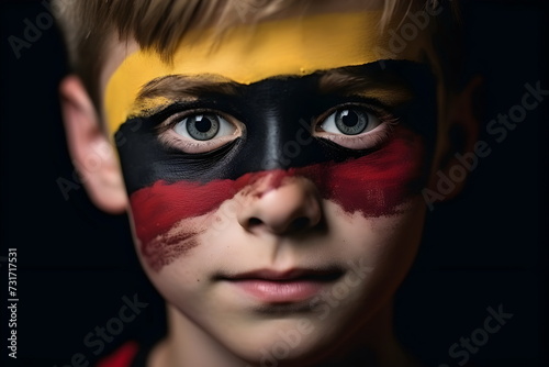 child boy soccer fun with painted face of flag Germany isolated on black background