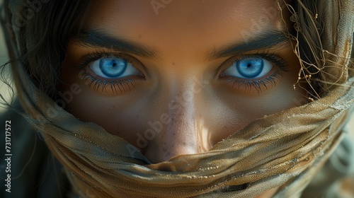 a woman with blue eyes hiding her scarf up to her face © Wirestock