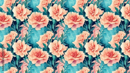 AI-generated illustration of a vibrant floral pattern of roses on a vivid turquoise backdrop.