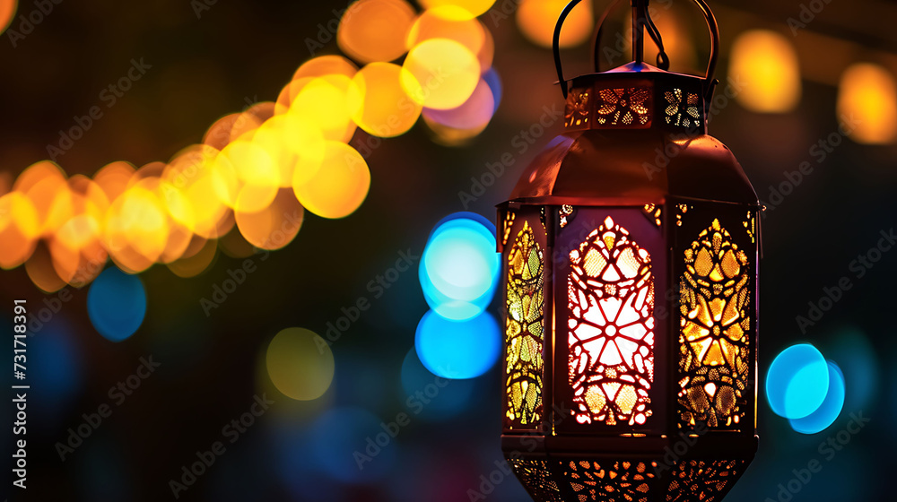 Traditional Arabic lantern lit up for celebrating holy month of Ramadan. Bokeh lights surrounding Ramadan concept Traditional Arabic lantern lit up for celebrating holy month of Ramadan. Bokeh lights surrounding Ramadan concept