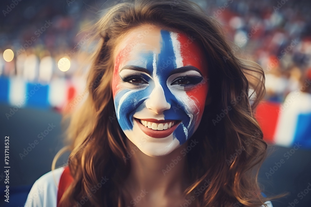 woman soccer fun with painted face of flag France in football stadium woman soccer fun with painted face of flag France in football stadium