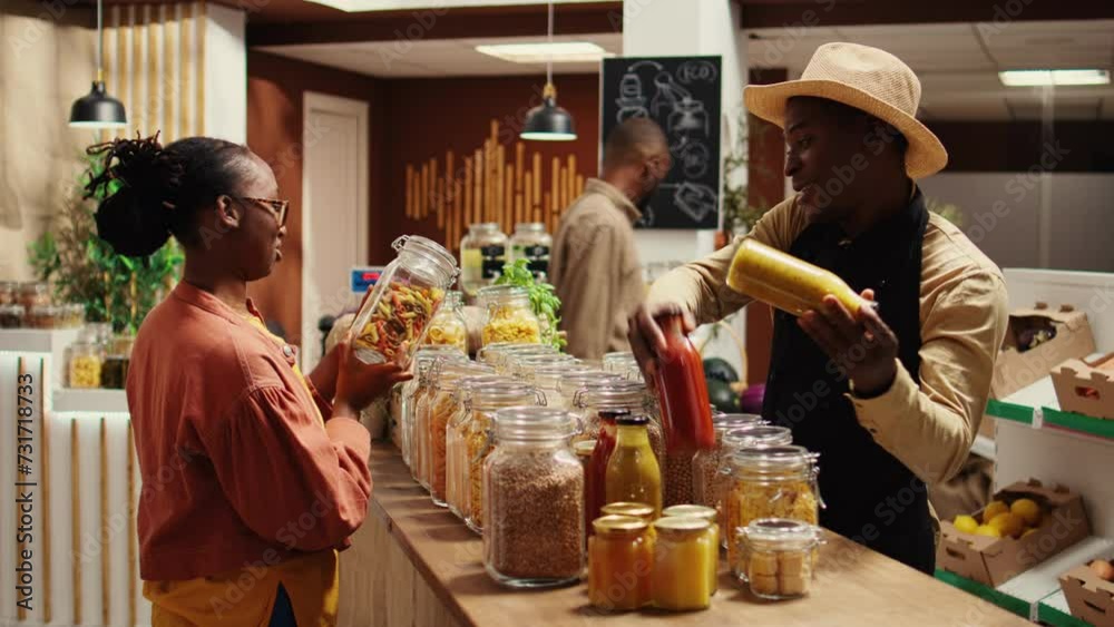 Merchant presenting additives free homemade sauces for tasty meals, recommending ethically sourced pantry supplies and pasta. Seller promoting his organic bulk products in glass jars. Camera B. Merchant presenting additives free homemade sauces for tasty meals, recommending ethically sourced pantry supplies and pasta. Seller promoting his organic bulk products in glass jars. Camera B.