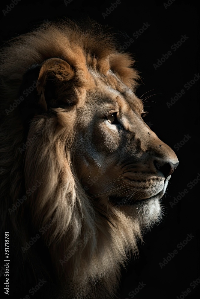AI generated illustration of A close-up shot of a majestic lion in the shadows