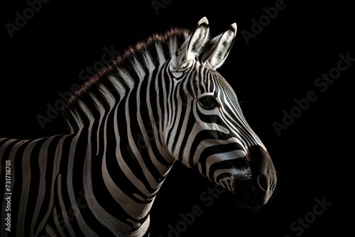 AI generated illustration of A black and white striped zebra on a dark background © Wirestock