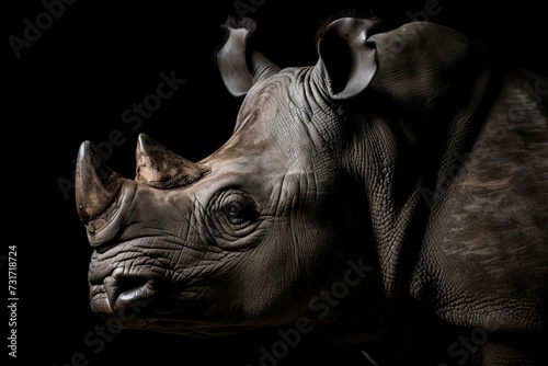 AI generated illustration of A rhinoceros facing to the left, viewed from behind