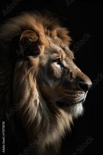 AI generated illustration of A close-up shot of a majestic lion in the shadows