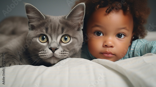 Small African child lies on a bed with a cat. Kitten and baby childhood friendship. Baby and cat. Child and Kitten lying together on the bed