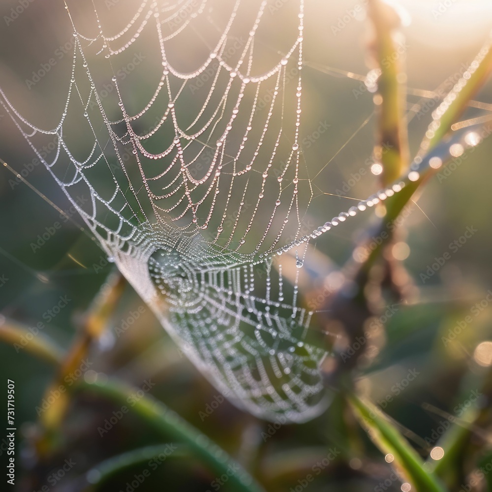 AI generated illustration of a delicate spider web featuring dew droplets, illuminated by the sun