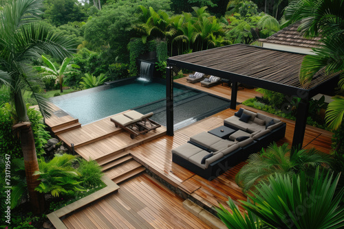 High view Interior design of a lavish side outside garden, with a teak hardwood deck and a black pergola. Scene day light with couches and lounge chairs by the pool, with many tropical trees © Kien