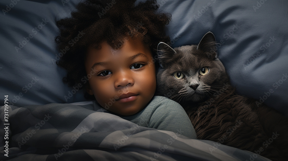 Small African child lies on a bed with a cat. Kitten and baby childhood friendship. Baby and cat. Child and Kitten lying together on the bed Small African child lies on a bed with a cat. Kitten and baby childhood friendship. Baby and cat. Child and Kitten lying together on the bed