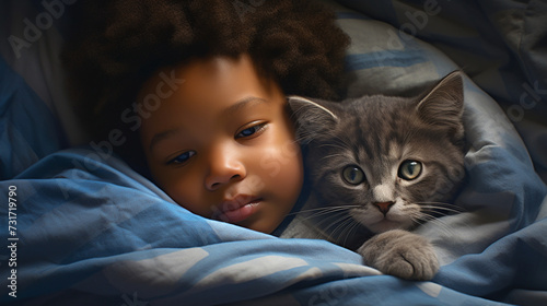 Small African child lies on a bed with a cat. Kitten and baby childhood friendship. Baby and cat. Child and Kitten lying together on the bed