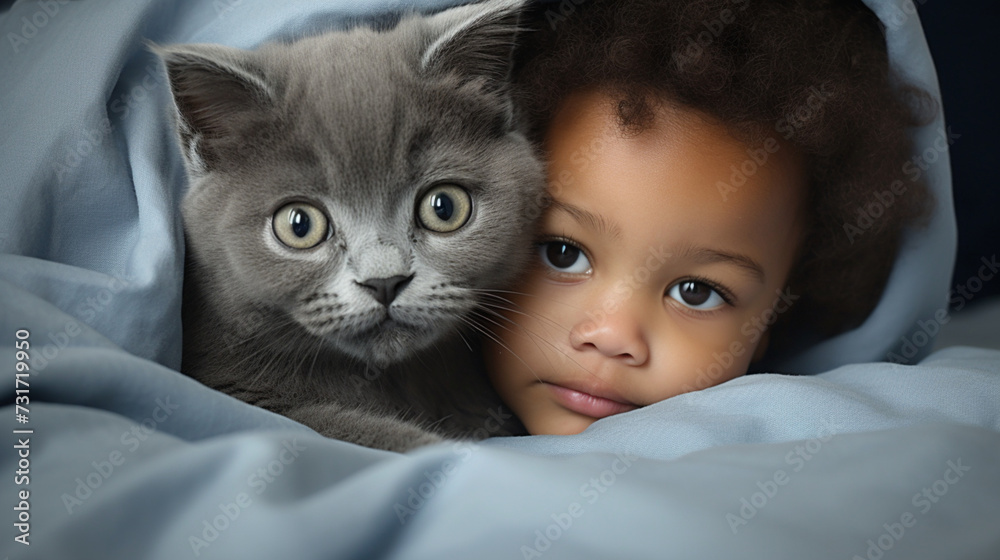 Small African child lies on a bed with a cat. Kitten and baby childhood friendship. Baby and cat. Child and Kitten lying together on the bed Small African child lies on a bed with a cat. Kitten and baby childhood friendship. Baby and cat. Child and Kitten lying together on the bed