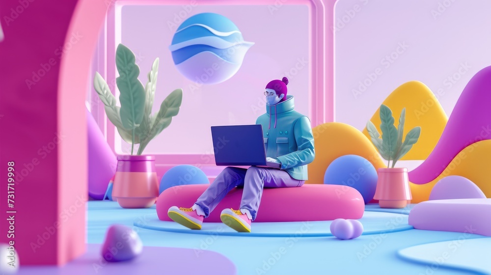 a colorful illustration of 3d character sitting on the laptop. cartoon, soft pop style