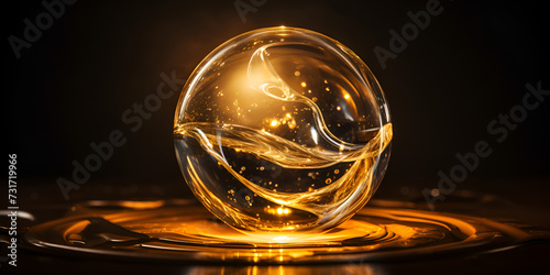 Glass orange ball golden planet dark glass ball with glowing liquid gold round candle black background