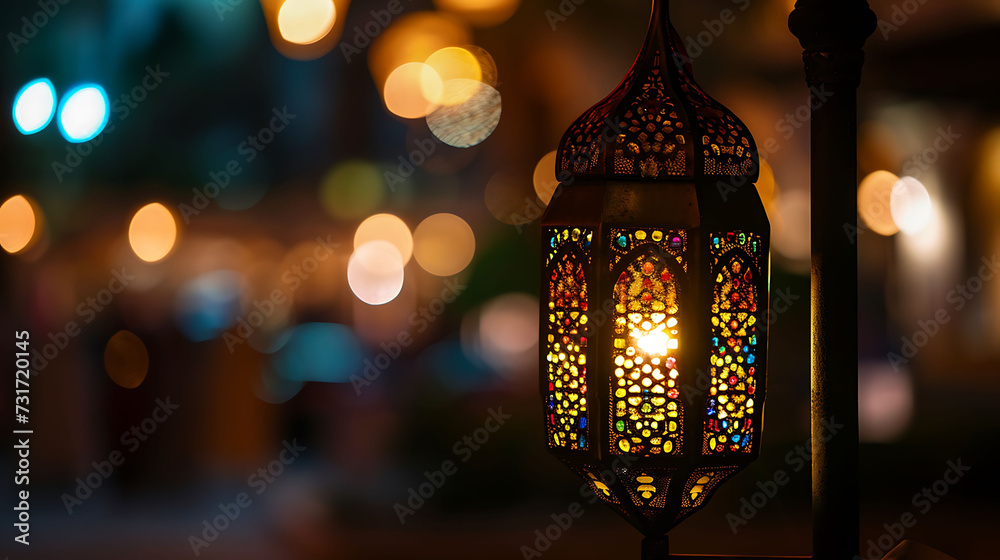 Traditional Arabic lantern lit up for celebrating holy month of Ramadan. Bokeh lights surrounding Ramadan concept Traditional Arabic lantern lit up for celebrating holy month of Ramadan. Bokeh lights surrounding Ramadan concept