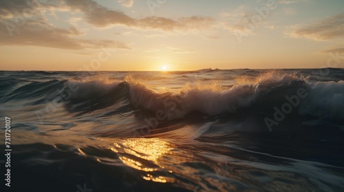 AI generated illustration of beautiful ocean waves during sunset flooding the shore