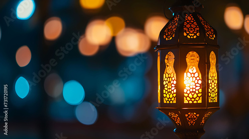 Traditional Arabic lantern lit up for celebrating holy month of Ramadan. Bokeh lights surrounding Ramadan concept