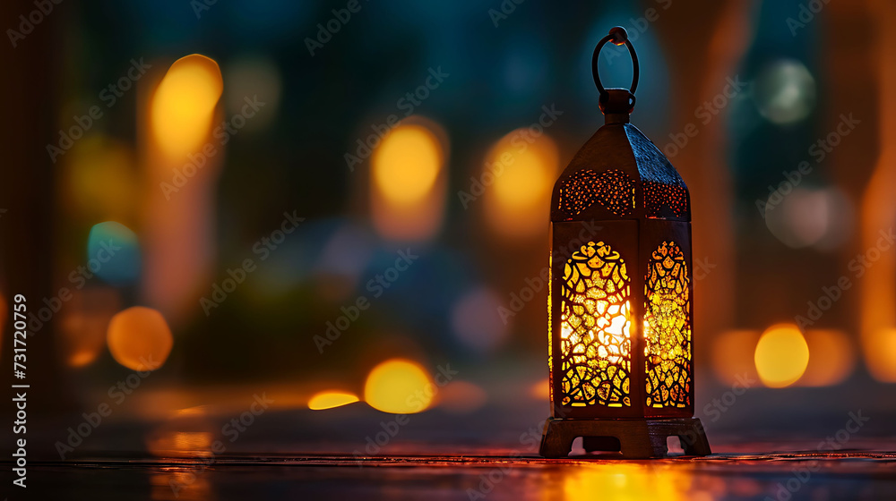 Traditional Arabic lantern lit up for celebrating holy month of Ramadan. Bokeh lights surrounding Ramadan concept - obrazy, fototapety, plakaty 