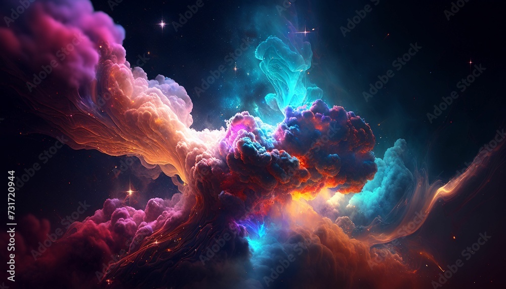 Astarry night sky, filled with fluffy clouds and colorful nebulae illuminated by the light of stars Astarry night sky, filled with fluffy clouds and colorful nebulae illuminated by the light of stars