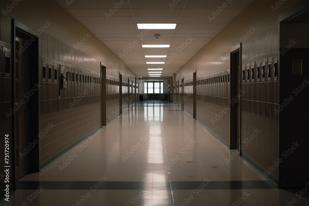 AI generated illustration of a desolate school hallway filled with a sense of despair and loneliness AI generated illustration of a desolate school hallway filled with a sense of despair and loneliness