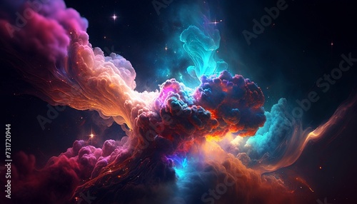 Astarry night sky, filled with fluffy clouds and colorful nebulae illuminated by the light of stars