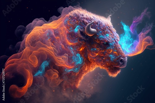 A bison with vibrant purple and orange smoke encircling its mane, creating a powerful scene