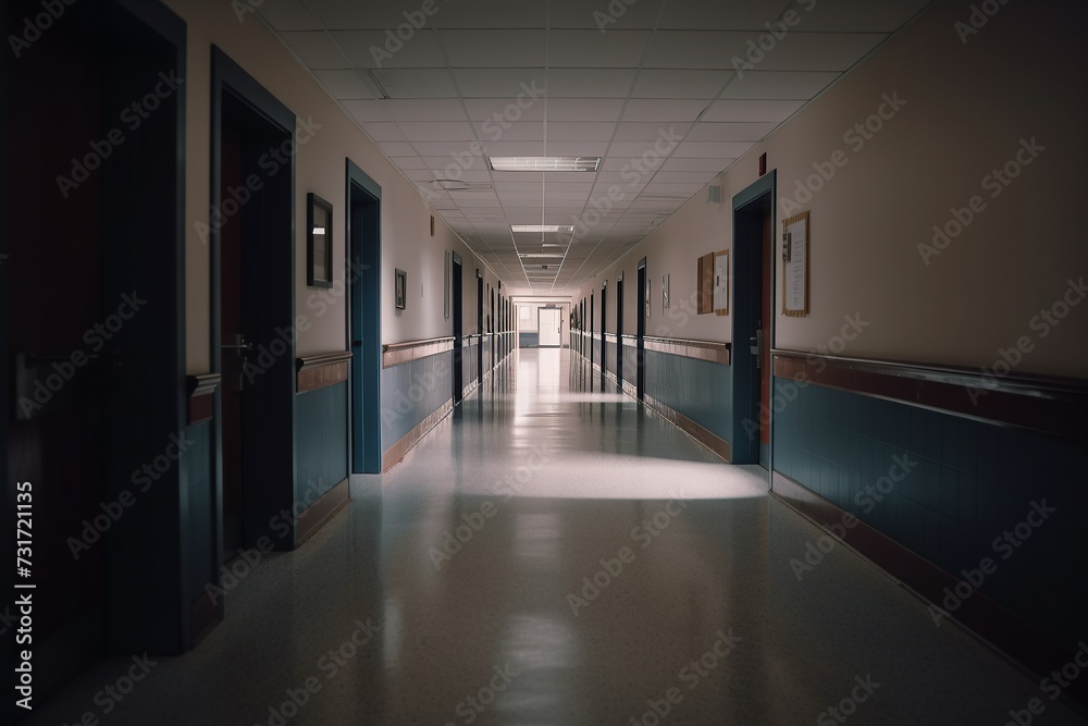 AI generated illustration of a desolate school hallway filled with a sense of despair and loneliness