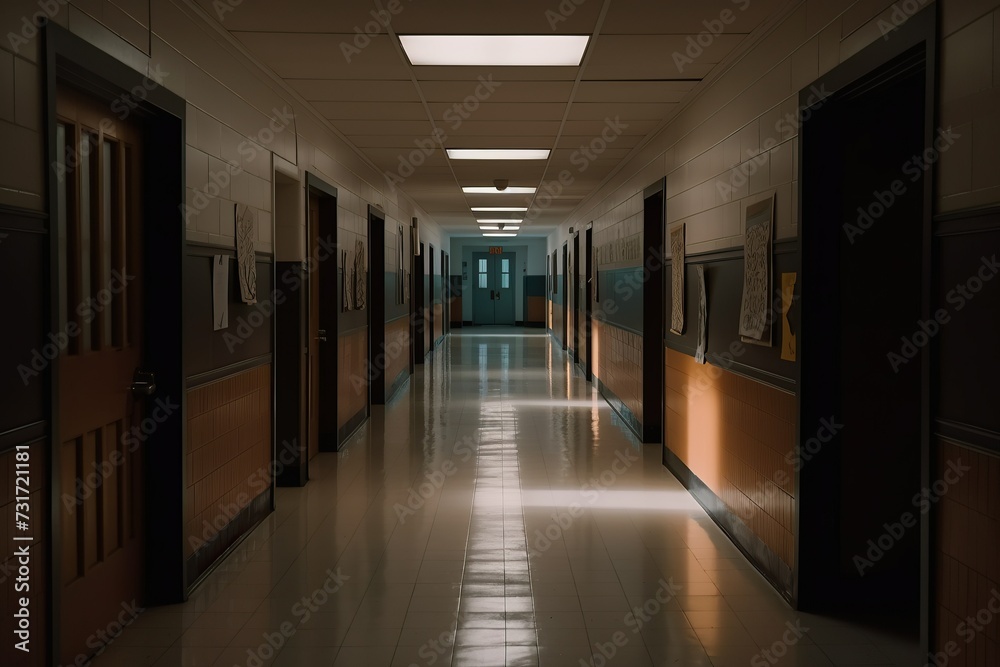 AI generated illustration of a desolate school hallway filled with a sense of despair and loneliness AI generated illustration of a desolate school hallway filled with a sense of despair and loneliness