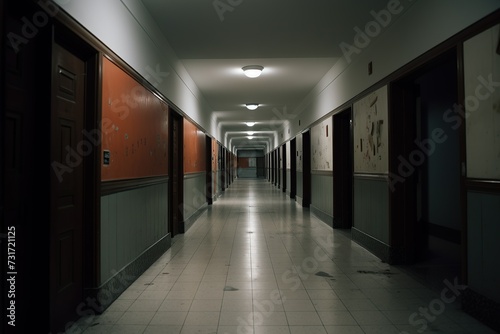 AI generated illustration of a desolate school hallway filled with a sense of despair and loneliness