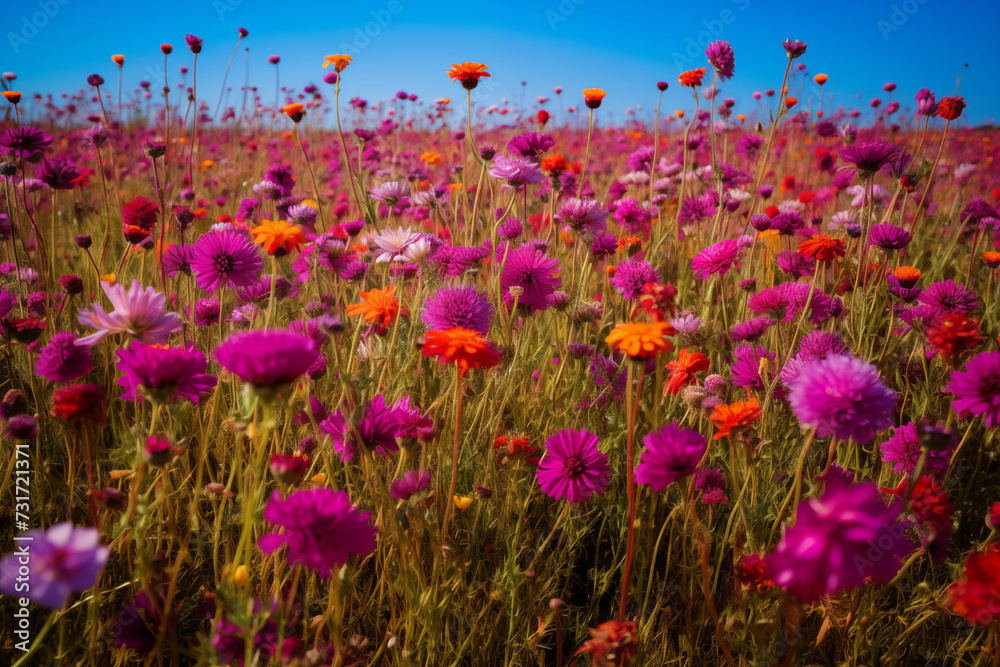 There are many magenta, teal, and orange wildflowers of different colors in a purple meadow. Generative AI.  F003