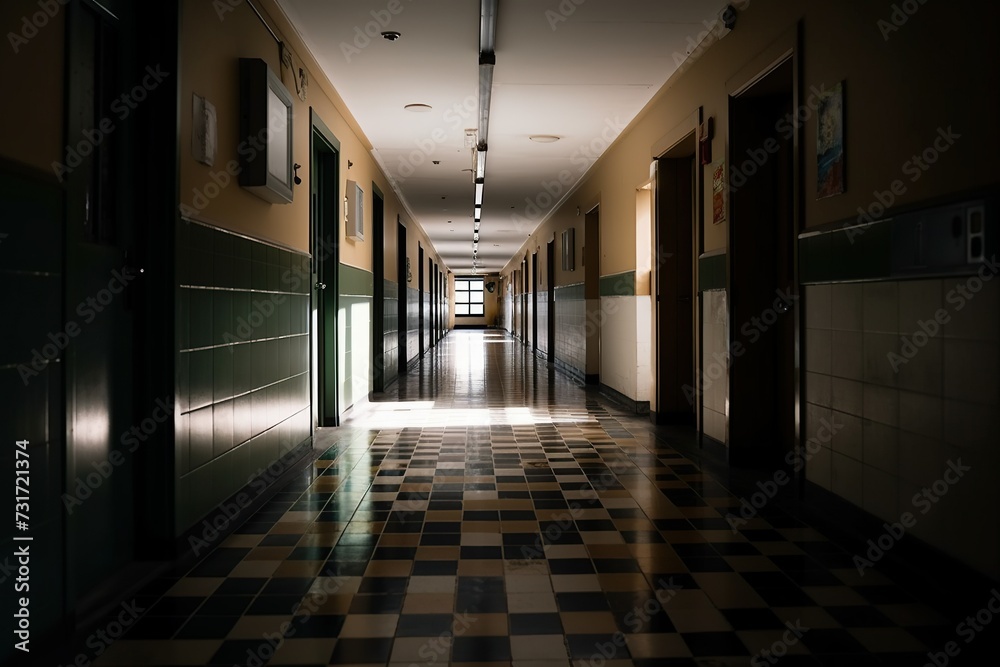 AI generated illustration of a desolate school hallway filled with a sense of despair and loneliness